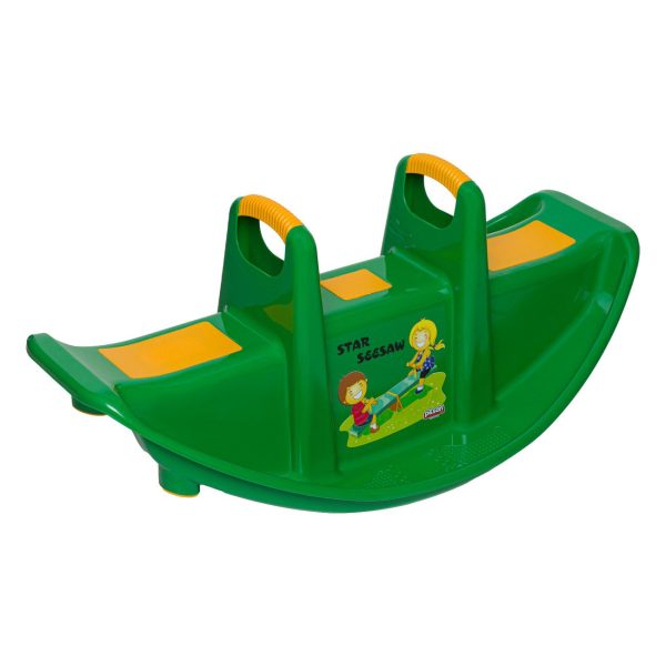 Balansoar copii, Plastic, 3 locuri, Manere galbene, 109 x 60.5 x 56 cm, Verde si Galben