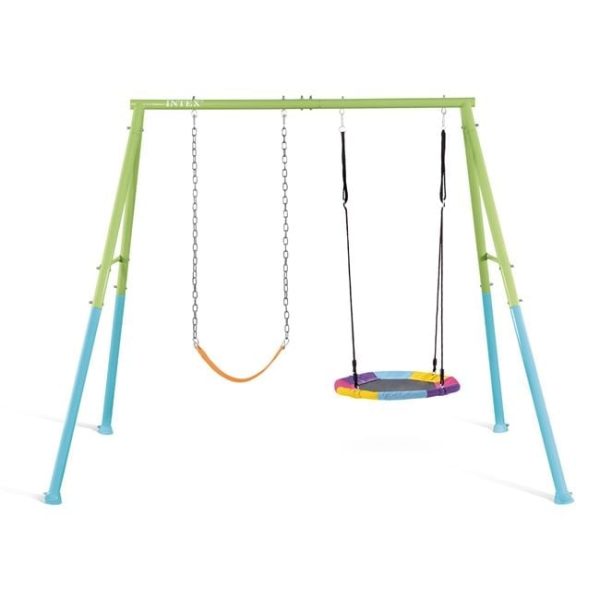 Set leagan dublu, Leagan cuib si leagan clasic, Structura otel galvanizat, 2.54 x 2.35 x 2 m, Verde si albastru