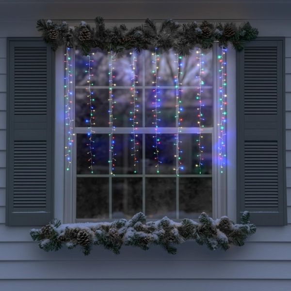 Instalatie perdea Craciun, 280 LED-uri, multicolor, 2.1x1.7m, 8 functii, cablu argintiu 5m