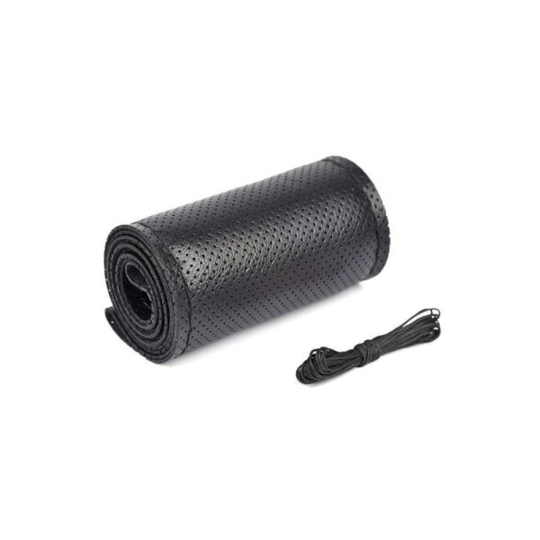 Husa volan auto, piele, cu ac si ata, perforata, lata 11.5 cm, marime L 39cm, Negru