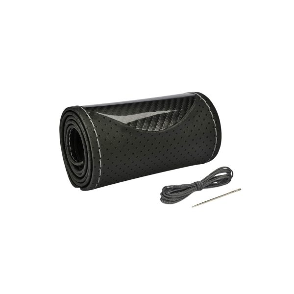 Husa volan auto, piele si carbon, cu ac si ata, perforata, marime M 38 cm, Negru