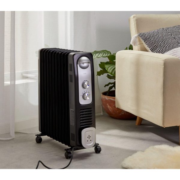 Calorifer Electric pe Ulei, 2900 W, Ventilator Turbo 400 W, 3 Trepte de Putere, Termostat Reglabil, Roti, pentru 20 mp, Negru