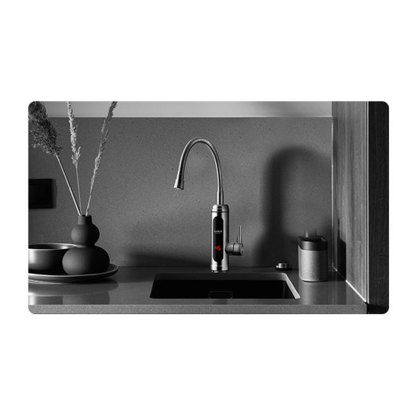 Robinet Electric Apa Calda Instant pentru Chiuveta, 3 kW, Afisaj Digital Temperatura, Pipa Flexibila, Corp Inox, IPX4, Argintiu