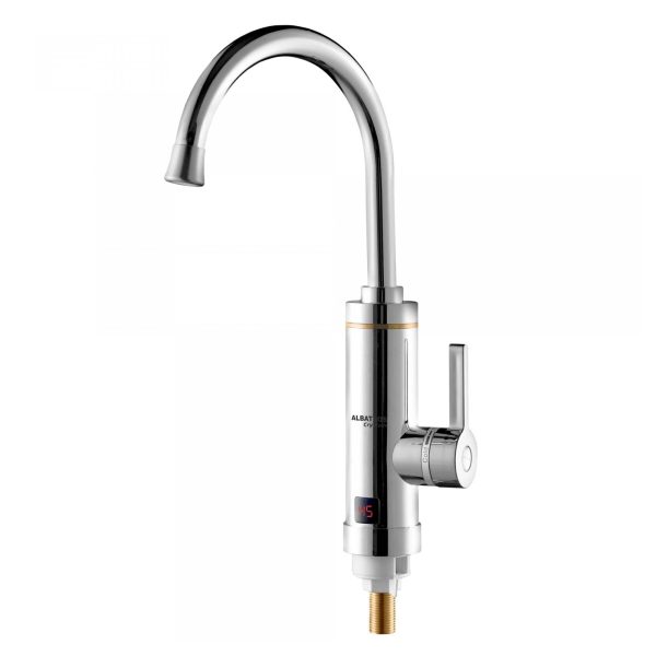 Robinet Electric Apa Calda Instant pentru Chiuveta, 3 kW, Afisaj Temperatura, Debit 2-2.5 l/min, Finisaj Cromat, Rotatie 360 Grade, Argintiu