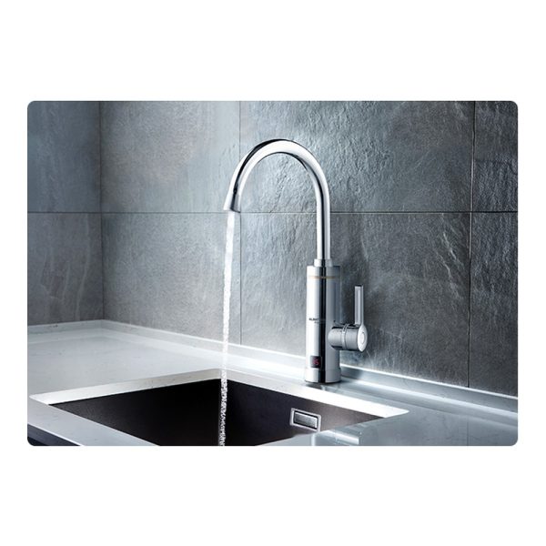 Robinet Electric Apa Calda Instant pentru Chiuveta, 3 kW, Afisaj Temperatura, Debit 2-2.5 l/min, Finisaj Cromat, Rotatie 360 Grade, Argintiu