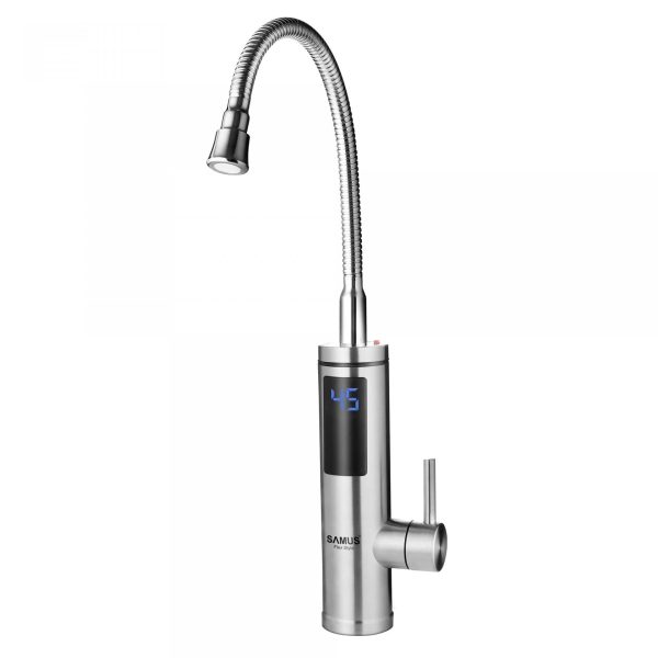 Robinet Electric Apa Calda Instant pentru Chiuveta, 3.3 kW, Afisaj Temperatura, Pipa Flexibila, Temperatura 30-60 Grade, IPX4, Argintiu