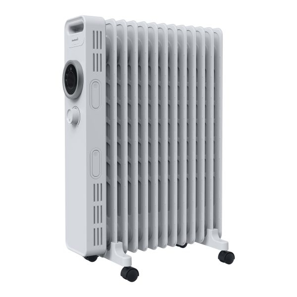 Calorifer Electric pe Ulei, 2500 W, 13 Elementi, Selector Rotativ cu 3 Trepte, Termostat Reglabil, Roti, Suport Cablu, pentru 25 mp, Alb
