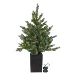 Brad Artificial de Craciun cu 80 LED-uri Alb Cald, 95 cm, in Ghiveci Negru, Alimentare Baterii AA, Timer, IP44, Verde