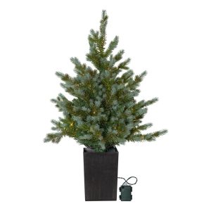 Brad Artificial de Craciun cu 80 LED-uri Alb Cald, 95 cm, in Ghiveci Negru, Alimentare Baterii AA, Timer, IP44, Verde