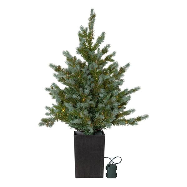 Brad Artificial de Craciun cu 80 LED-uri Alb Cald, 95 cm, in Ghiveci Negru, Alimentare Baterii AA, Timer, IP44, Verde