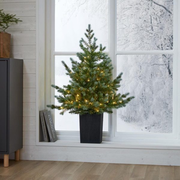 Brad Artificial de Craciun cu 80 LED-uri Alb Cald, 95 cm, in Ghiveci Negru, Alimentare Baterii AA, Timer, IP44, Verde