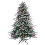 Brad Artificial Nins de Craciun cu Fructe Rosii, 210 cm, 1073 Varfuri, Diametru 147 cm, Suport Metalic, Verde