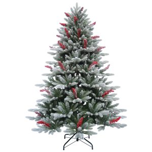 Brad Artificial Nins de Craciun cu Fructe Rosii, 210 cm, 1073 Varfuri, Diametru 147 cm, Suport Metalic, Verde