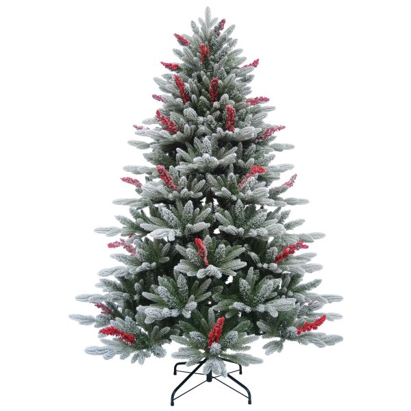 Brad Artificial Nins de Craciun cu Fructe Rosii, 210 cm, 1073 Varfuri, Diametru 147 cm, Suport Metalic, Verde