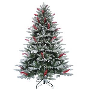 Brad Artificial Nins de Craciun cu Fructe Rosii, 240 cm, 1430 Varfuri, Diametru 168 cm, Suport Metalic, Verde
