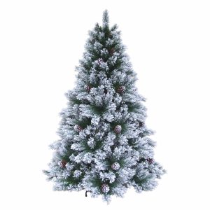 Brad Artificial Nins de Craciun cu Conuri, 210 cm, 873 Crengute, Diametru 137.2 cm, Suport Metalic, Verde cu Alb