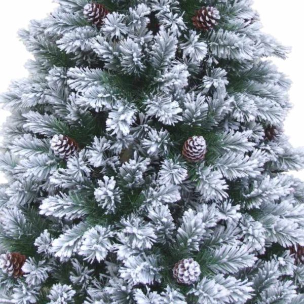 Brad Artificial Nins de Craciun cu Conuri, 210 cm, 873 Crengute, Diametru 137.2 cm, Suport Metalic, Verde cu Alb