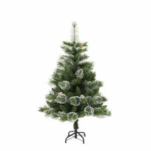 Brad Artificial Nins de Craciun cu Conuri si Fructe Rosii, 120 cm, 285 Varfuri, Diametru 80 cm, Suport Metalic, Verde