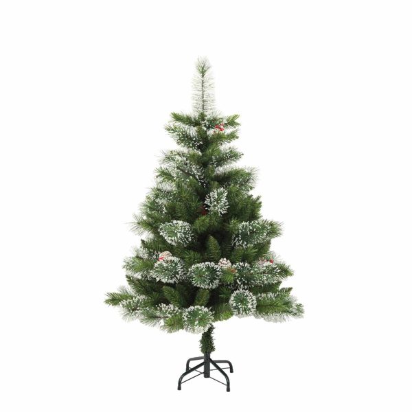 Brad Artificial Nins de Craciun cu Conuri si Fructe Rosii, 120 cm, 285 Varfuri, Diametru 80 cm, Suport Metalic, Verde