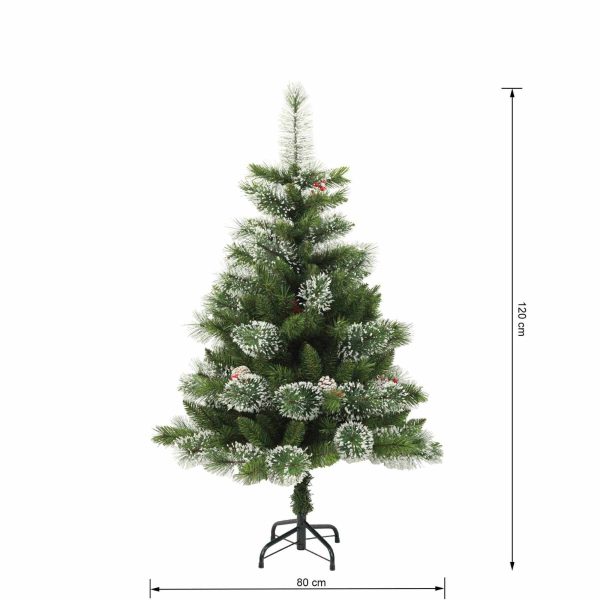 Brad Artificial Nins de Craciun cu Conuri si Fructe Rosii, 120 cm, 285 Varfuri, Diametru 80 cm, Suport Metalic, Verde