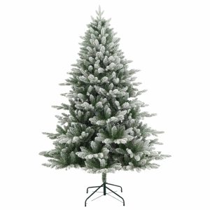 Brad Artificial de Craciun cu Aspect de Zapada si Ramuri Inghetate, 180 cm, 2 Parti, PVC, Suport Metalic, Verde cu Alb