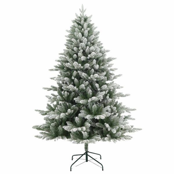 Brad Artificial de Craciun cu Aspect de Zapada si Ramuri Inghetate, 180 cm, 2 Parti, PVC, Suport Metalic, Verde cu Alb
