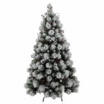Brad Artificial Nins de Craciun cu Conuri si Fructe Rosii, 180 cm, 2 Sectiuni, PVC, Suport Metalic, Verde cu Alb