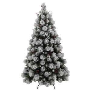 Brad Artificial Nins de Craciun cu Conuri si Fructe Rosii, 180 cm, 2 Sectiuni, PVC, Suport Metalic, Verde cu Alb