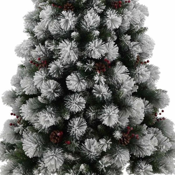 Brad Artificial Nins de Craciun cu Conuri si Fructe Rosii, 180 cm, 2 Sectiuni, PVC, Suport Metalic, Verde cu Alb