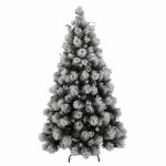 Brad Artificial Nins de Craciun cu Conuri si Fructe Rosii, 210 cm, 3 Sectiuni, PVC, Suport Metalic, Verde cu Alb