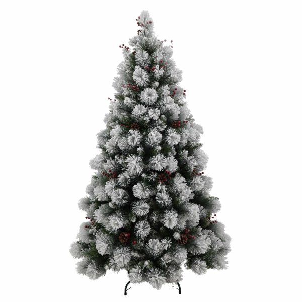 Brad Artificial Nins de Craciun cu Conuri si Fructe Rosii, 210 cm, 3 Sectiuni, PVC, Suport Metalic, Verde cu Alb
