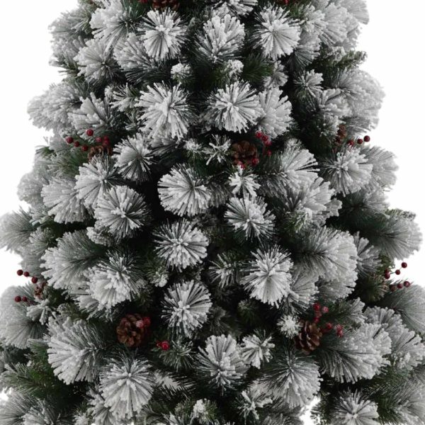 Brad Artificial Nins de Craciun cu Conuri si Fructe Rosii, 210 cm, 3 Sectiuni, PVC, Suport Metalic, Verde cu Alb