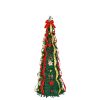 Brad Artificial Pliabil de Craciun Decorat cu Globuri, Funde, Flori si Panglici, 180 cm, Diametru 60 cm, Verde cu Rosu si Auriu