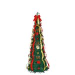 Brad Artificial Pliabil de Craciun Decorat cu Globuri, Funde, Flori si Panglici, 180 cm, Diametru 60 cm, Verde cu Rosu si Auriu