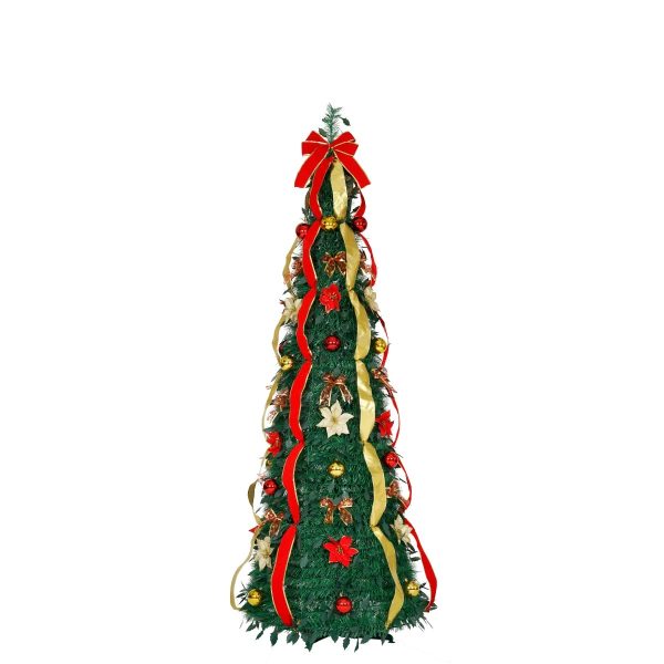 Brad Artificial Pliabil de Craciun Decorat cu Globuri, Funde, Flori si Panglici, 180 cm, Diametru 60 cm, Verde cu Rosu si Auriu