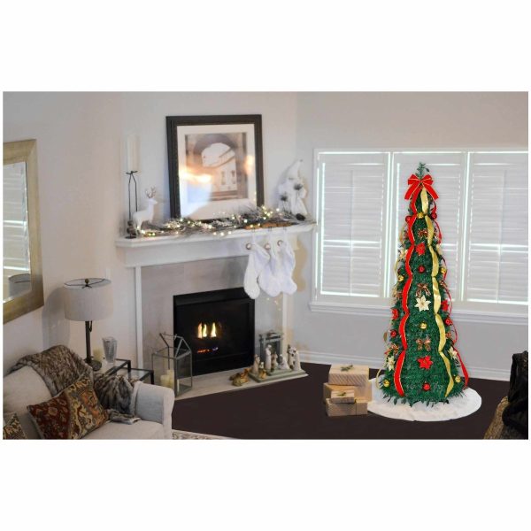 Brad Artificial Pliabil de Craciun Decorat cu Globuri, Funde, Flori si Panglici, 180 cm, Diametru 60 cm, Verde cu Rosu si Auriu