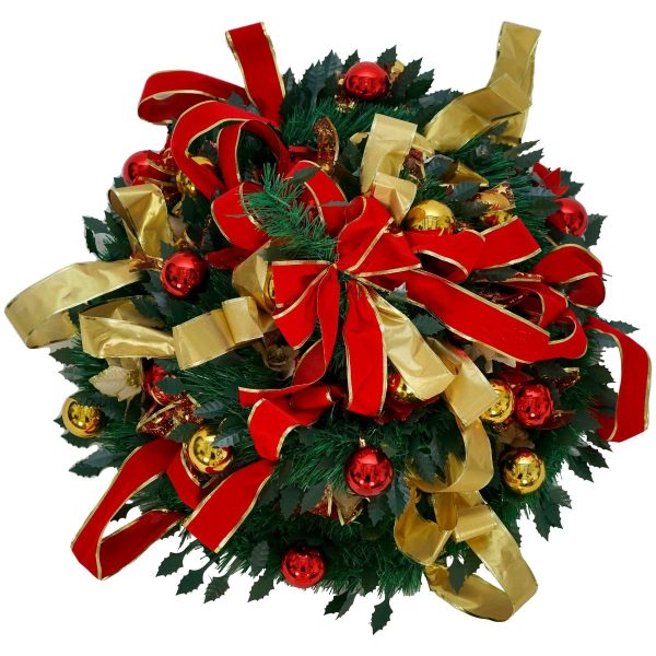 Brad Artificial Pliabil de Craciun Decorat cu Globuri, Funde, Flori si Panglici, 180 cm, Diametru 60 cm, Verde cu Rosu si Auriu