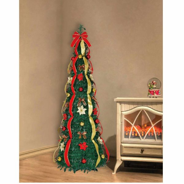 Brad Artificial Pliabil de Craciun Decorat cu Globuri, Funde, Flori si Panglici, 180 cm, Diametru 60 cm, Verde cu Rosu si Auriu