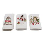 Set Prosoape Bucatarie Craciun, 3 Bucati, 30 x 50 cm, Bumbac 500 g/mp, Broderie Om de Zapada, Bufnita si Mesaj de Sarbatori, Alb