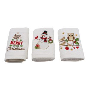 Set Prosoape Bucatarie Craciun, 3 Bucati, 30 x 50 cm, Bumbac 500 g/mp, Broderie Om de Zapada, Bufnita si Mesaj de Sarbatori, Alb