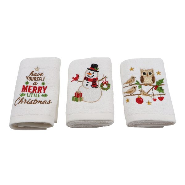 Set Prosoape Bucatarie Craciun, 3 Bucati, 30 x 50 cm, Bumbac 500 g/mp, Broderie Om de Zapada, Bufnita si Mesaj de Sarbatori, Alb