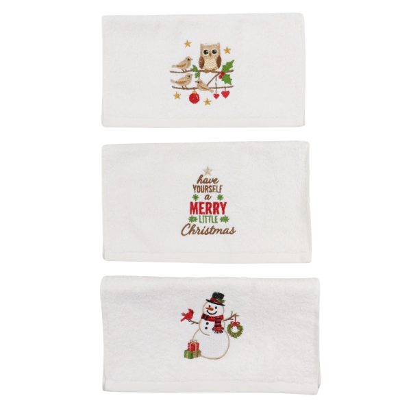 Set Prosoape Bucatarie Craciun, 3 Bucati, 30 x 50 cm, Bumbac 500 g/mp, Broderie Om de Zapada, Bufnita si Mesaj de Sarbatori, Alb