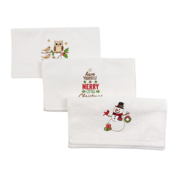 Set Prosoape Bucatarie Craciun, 3 Bucati, 30 x 50 cm, Bumbac 500 g/mp, Broderie Om de Zapada, Bufnita si Mesaj de Sarbatori, Alb