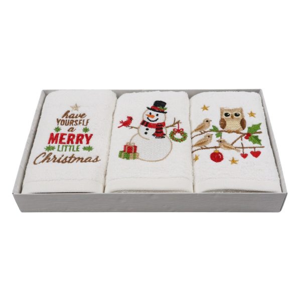 Set Prosoape Bucatarie Craciun, 3 Bucati, 30 x 50 cm, Bumbac 500 g/mp, Broderie Om de Zapada, Bufnita si Mesaj de Sarbatori, Alb