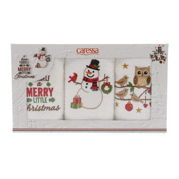 Set Prosoape Bucatarie Craciun, 3 Bucati, 30 x 50 cm, Bumbac 500 g/mp, Broderie Om de Zapada, Bufnita si Mesaj de Sarbatori, Alb