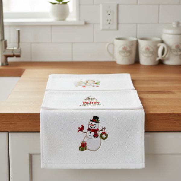 Set Prosoape Bucatarie Craciun, 3 Bucati, 30 x 50 cm, Bumbac 500 g/mp, Broderie Om de Zapada, Bufnita si Mesaj de Sarbatori, Alb