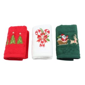 Set Prosoape Bucatarie Craciun, 3 Bucati, 30 x 50 cm, Bumbac 500 g/mp, Broderie Mos Craciun, Brazi si Acadele, Multicolor