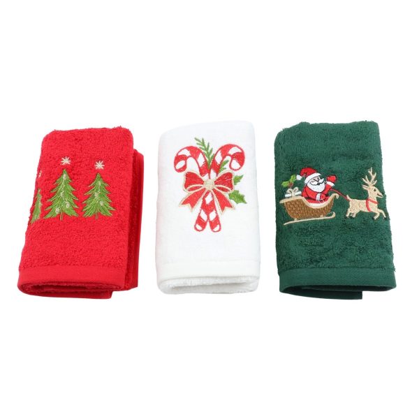Set Prosoape Bucatarie Craciun, 3 Bucati, 30 x 50 cm, Bumbac 500 g/mp, Broderie Mos Craciun, Brazi si Acadele, Multicolor