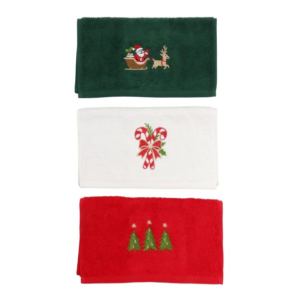 Set Prosoape Bucatarie Craciun, 3 Bucati, 30 x 50 cm, Bumbac 500 g/mp, Broderie Mos Craciun, Brazi si Acadele, Multicolor