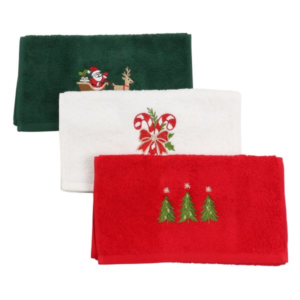 Set Prosoape Bucatarie Craciun, 3 Bucati, 30 x 50 cm, Bumbac 500 g/mp, Broderie Mos Craciun, Brazi si Acadele, Multicolor
